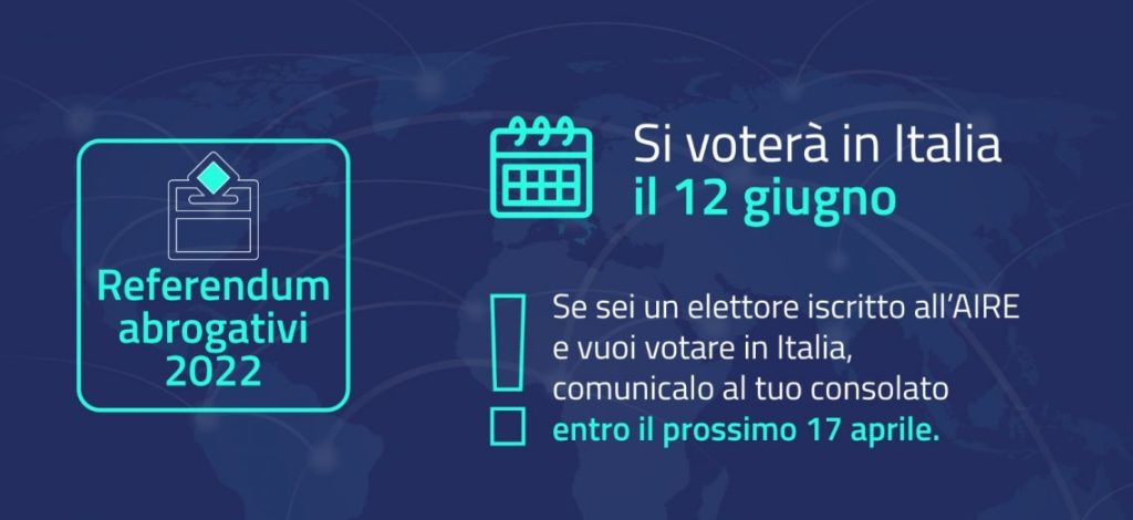 REFERENDUM POPOLARI DI DOMENICA 12 GIUGNO 2022 – CONVOCAZIONE DEI COMIZI.